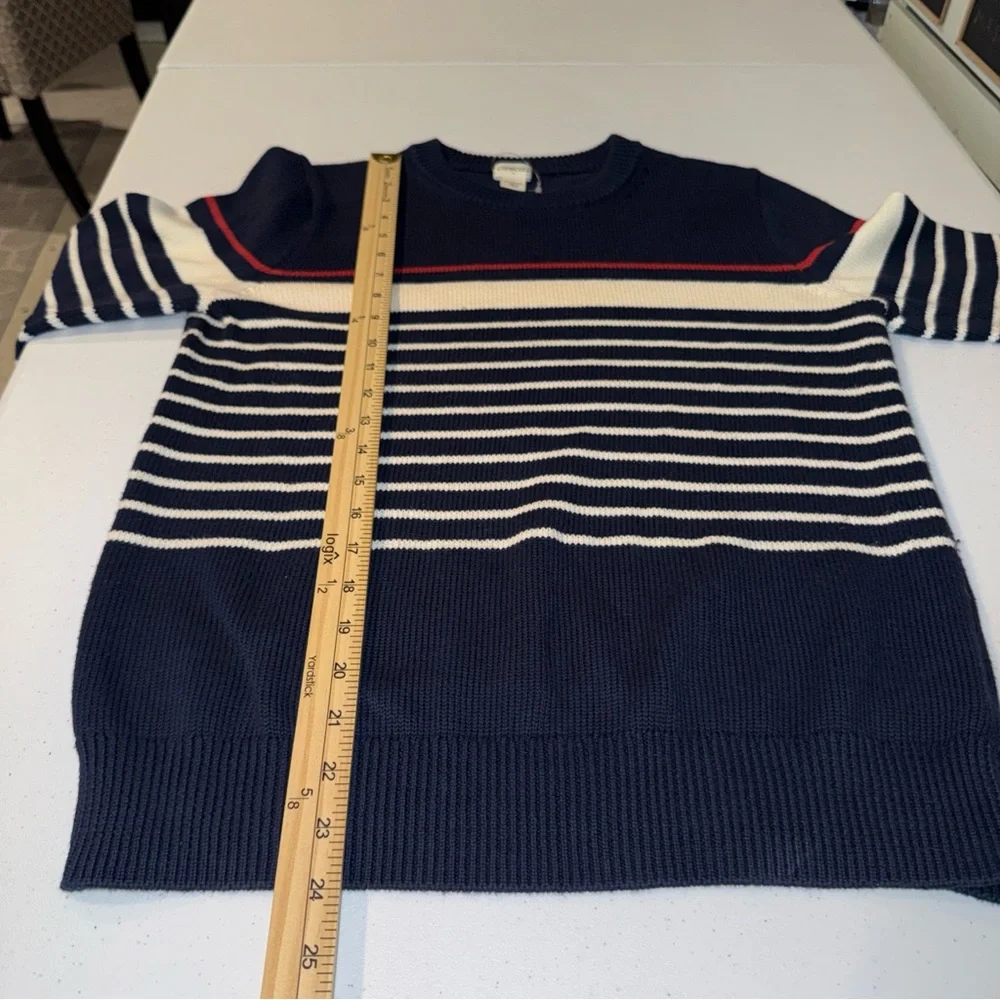 J Crew Crewcuts Boys XL 12-14 Navy Blue Striped‎ Cotton Knit Crewneck Sweater